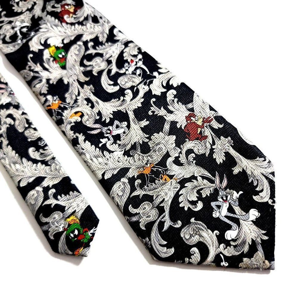 Looney Tunes Warner Brothers Polyester Black Baroque Print Short Wide Tie Bugs B